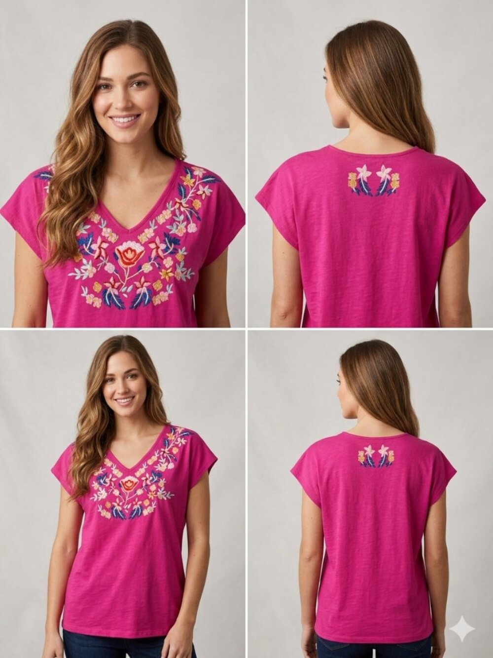 Solitaire size S fuchsia floral embroidered v-neck blouse